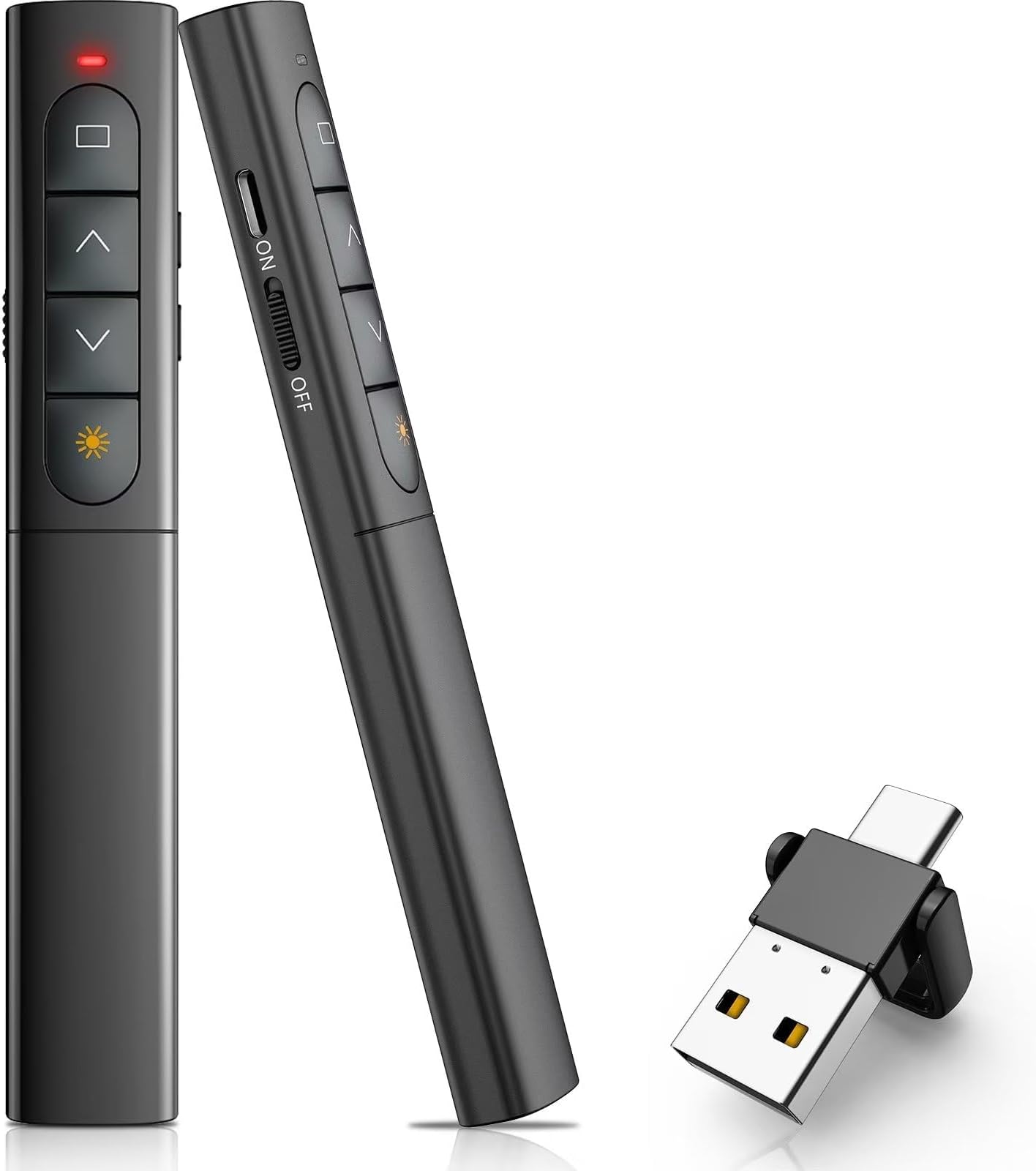Wireless Presenter Remote 2-in-1 Clicker with Red Laser Pointer, Dual USB & Type-C Receiver, 2.4GHz Slide Controller for Laptop, MacBook, Windows (Black)
