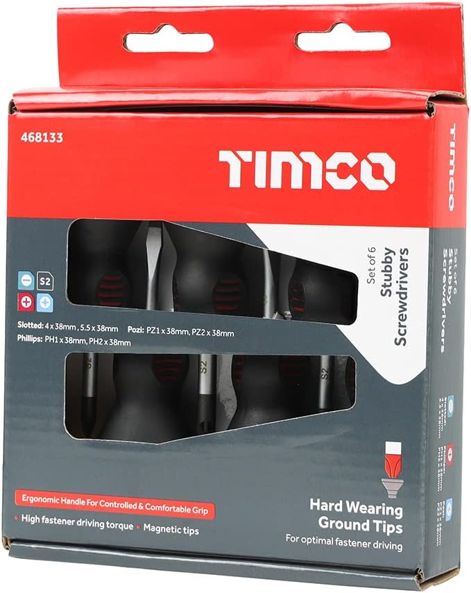 TIMCO Stubby Screwdriver Set - Assorted Sizes - 6 Screwdrivers - Ergonomic Handles for an Extra Soft Grip - Magnetic Tips - Manufactured with Hardened and Tempered S2 Tool Steel Blades