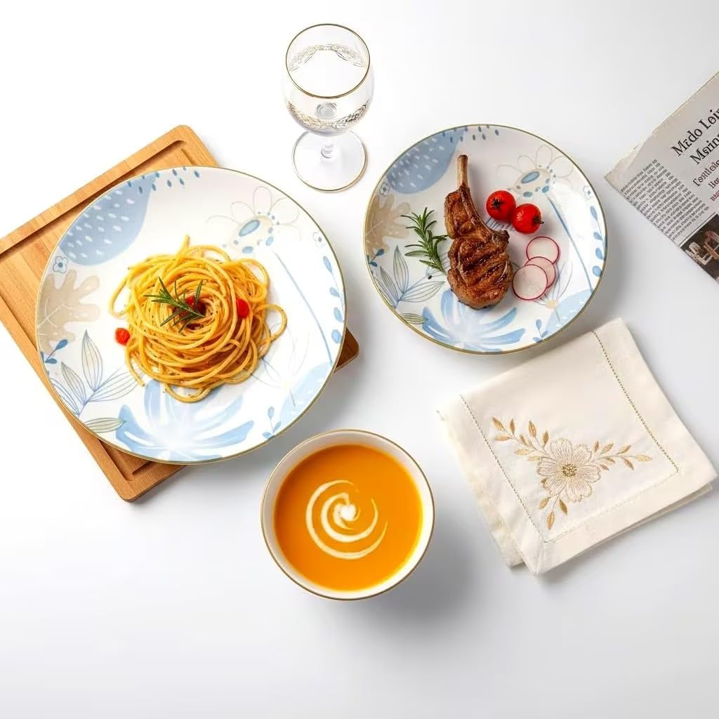 HUHUI Ceramic Dinnerware Sets, Service for 4, 12-Piece, Scratch Resistant Dish Set, Microwave and Dishwasherl Safe,Blue Floral Ceramic Dinnerware Set, sunflower floral,blue