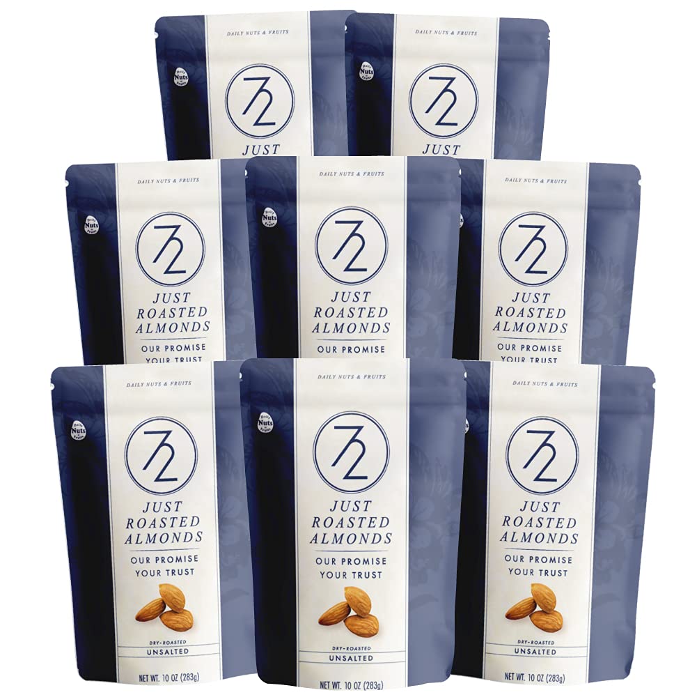 72 Just Roasted Almonds, NON-GMO, Certified Gluten Free, Made Fresh (Unsalted, 5 LB (10 OZ x 8 PACKS))