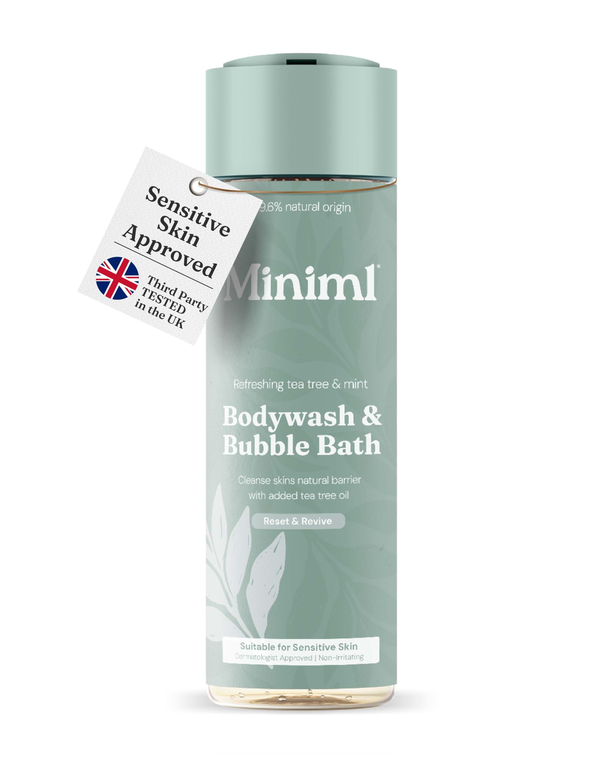 Miniml Natural Body Wash & Bubble Bath - Refreshing Tea Tree & Mint 400ml, 99.6% Natural, Vegan & Cruelty-Free Cleanser for Fresh, Balanced Skin
