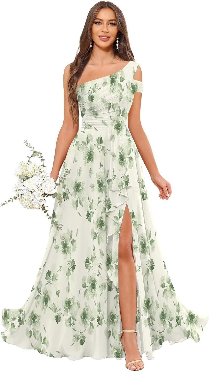 PAVERJER One Shoulder Bridesmaid Dresses Long for Women Ruched Ruffles Chiffon Formal Dress with Slit