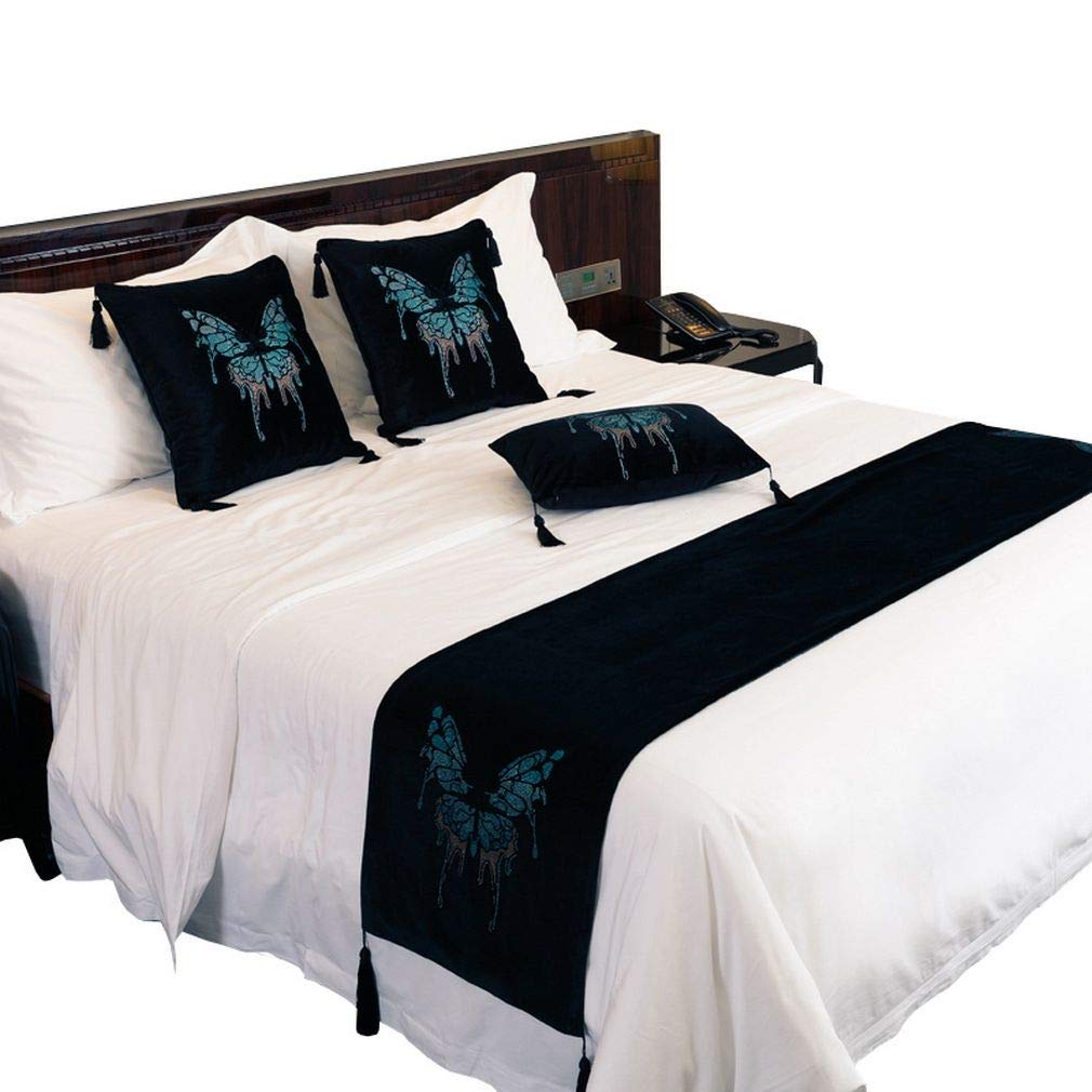 Chemin de lit noir motif papillon velours strass 45x240cm COMVIP