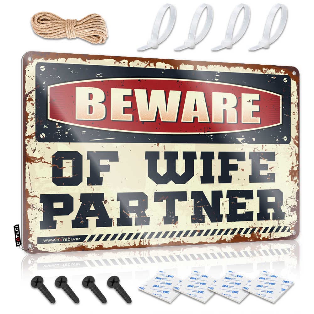 HELIOFORGE Signs For Room Beware Of Wife Partner Sign Warning Signs For Bedroom Tin Sign For Man Cave(20X30CM)