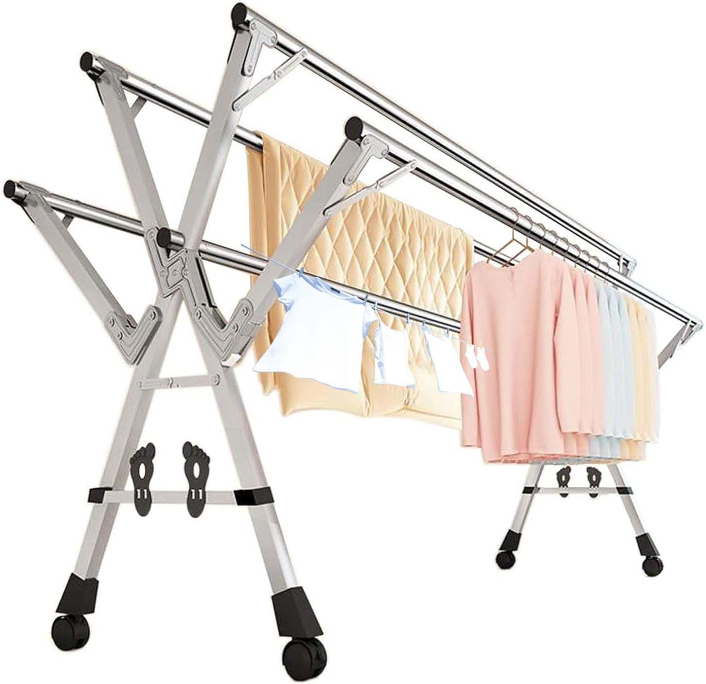 Collapsible Stainless Steel Clothes Drying Rack on Wheels, Adjustable Free-Standing Laundry Stand, Space-Saving Indoor/Outdoor Garment Rack for Efficient Drying