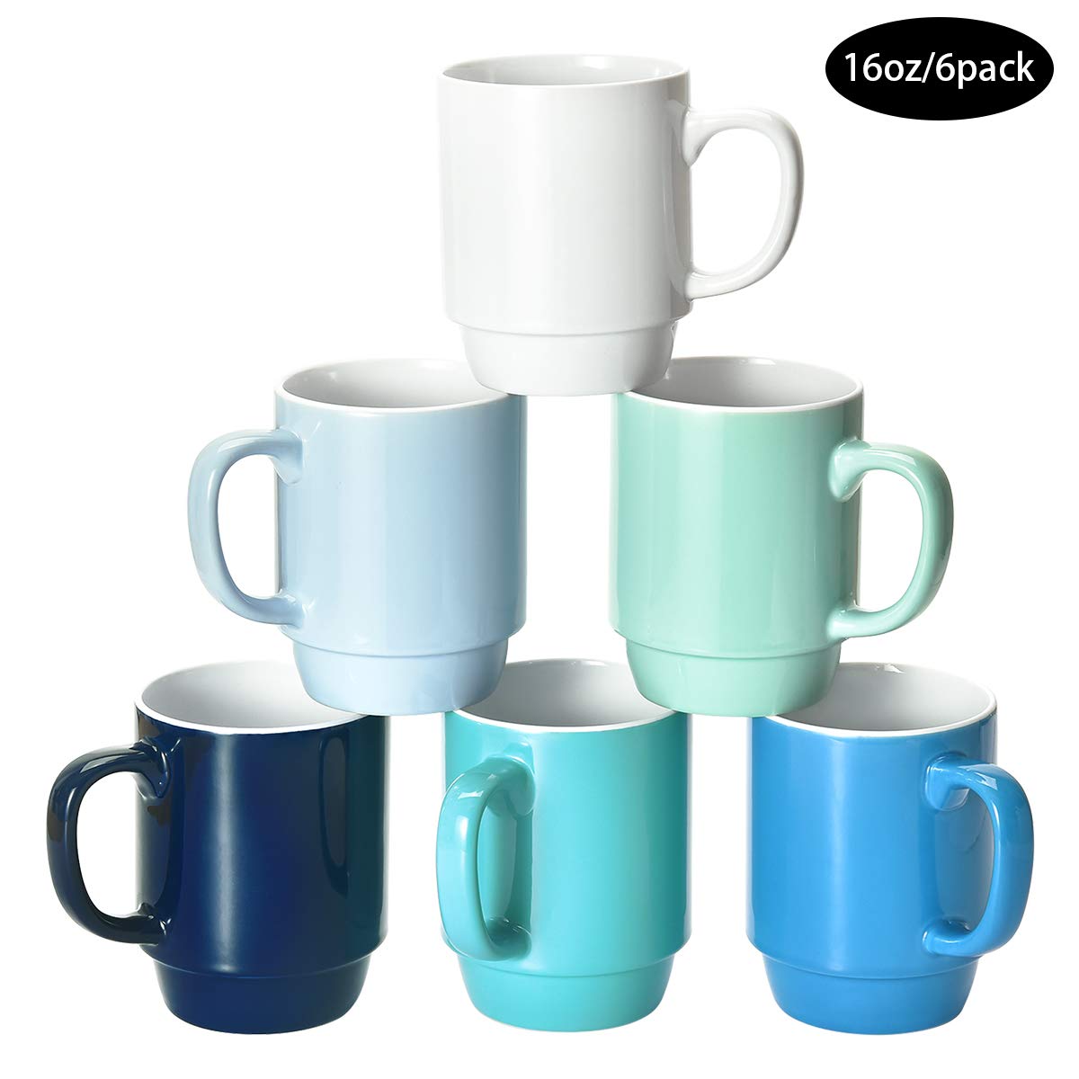 Kubki do kawy zestaw 6 sztuk, możliwość układania w stos, 470 ml, duże kubki do kawy z uchwytem, ceramiczne kubki do restauracji, zestaw 6 kubków do kawy, herbaty i kakao, zimne różne kolory