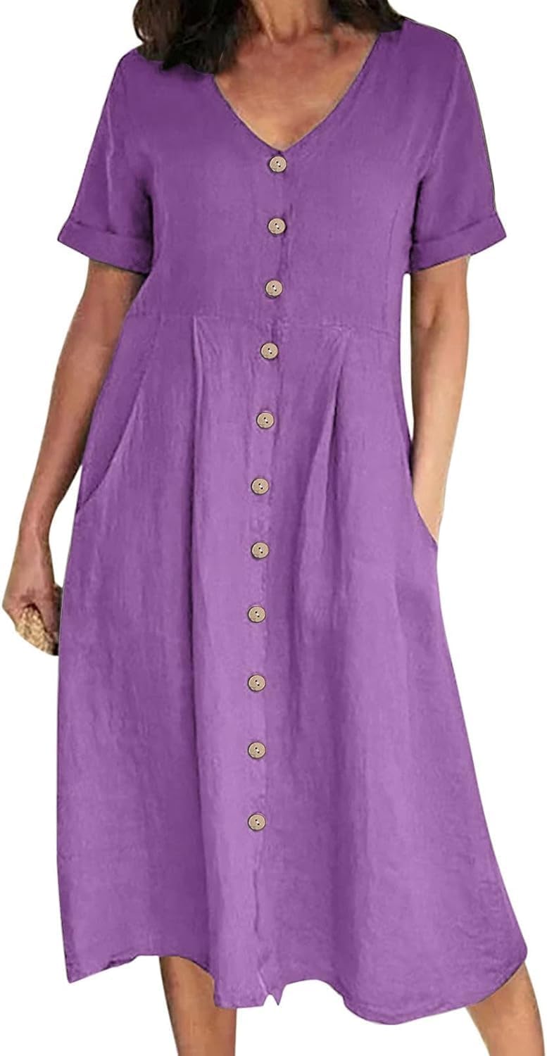 Women midi casual linen Vneck summer dress with pockets