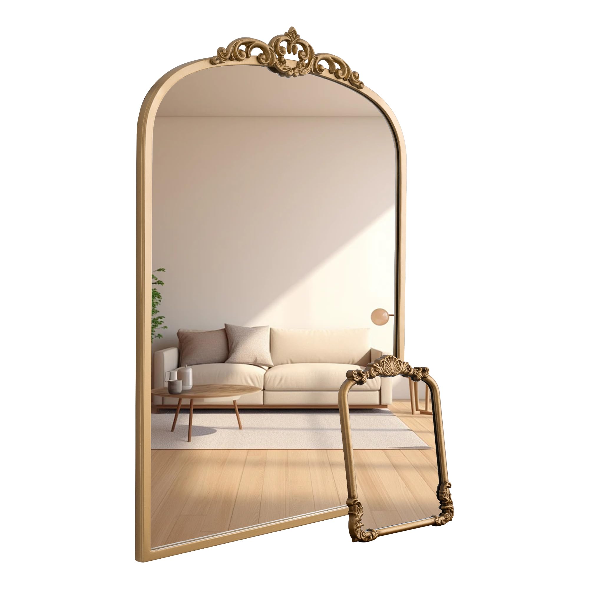 1 Set Vintage Mirror 20x30 Gold Antique Baroque Arched Ornate Traditional Brass Mirror and 8.5x12 Vintage Vanity Makeup Desk Table Mirror for Bathroom Entryway Living Room Hallway Fireplace