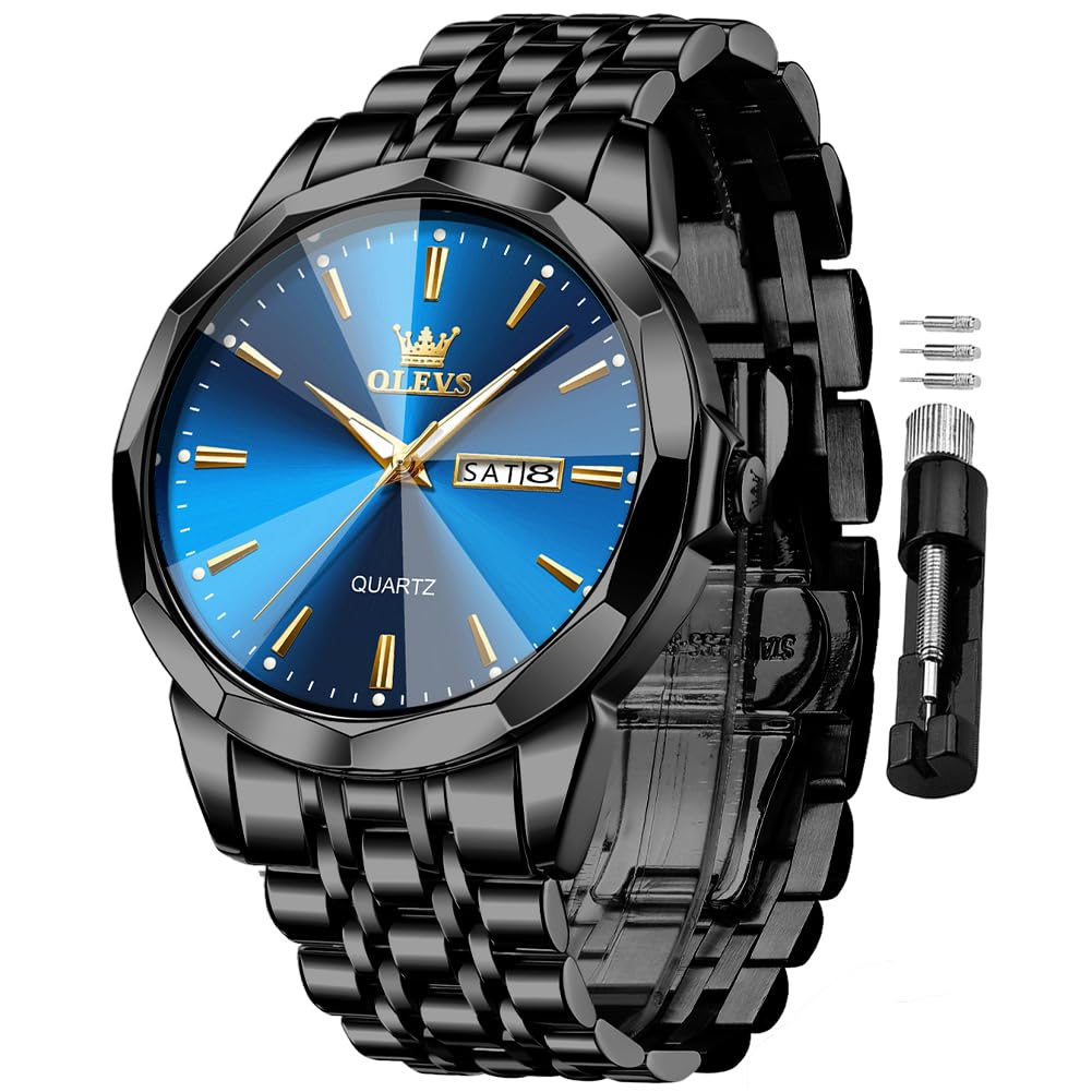 OLEVS Men Watches Business Dress Easy Read Analog Quartz Date Luxury Wrist Watch Black Casual Stainless Steel Waterproof Luminous Two Tone Blue Watch for Men