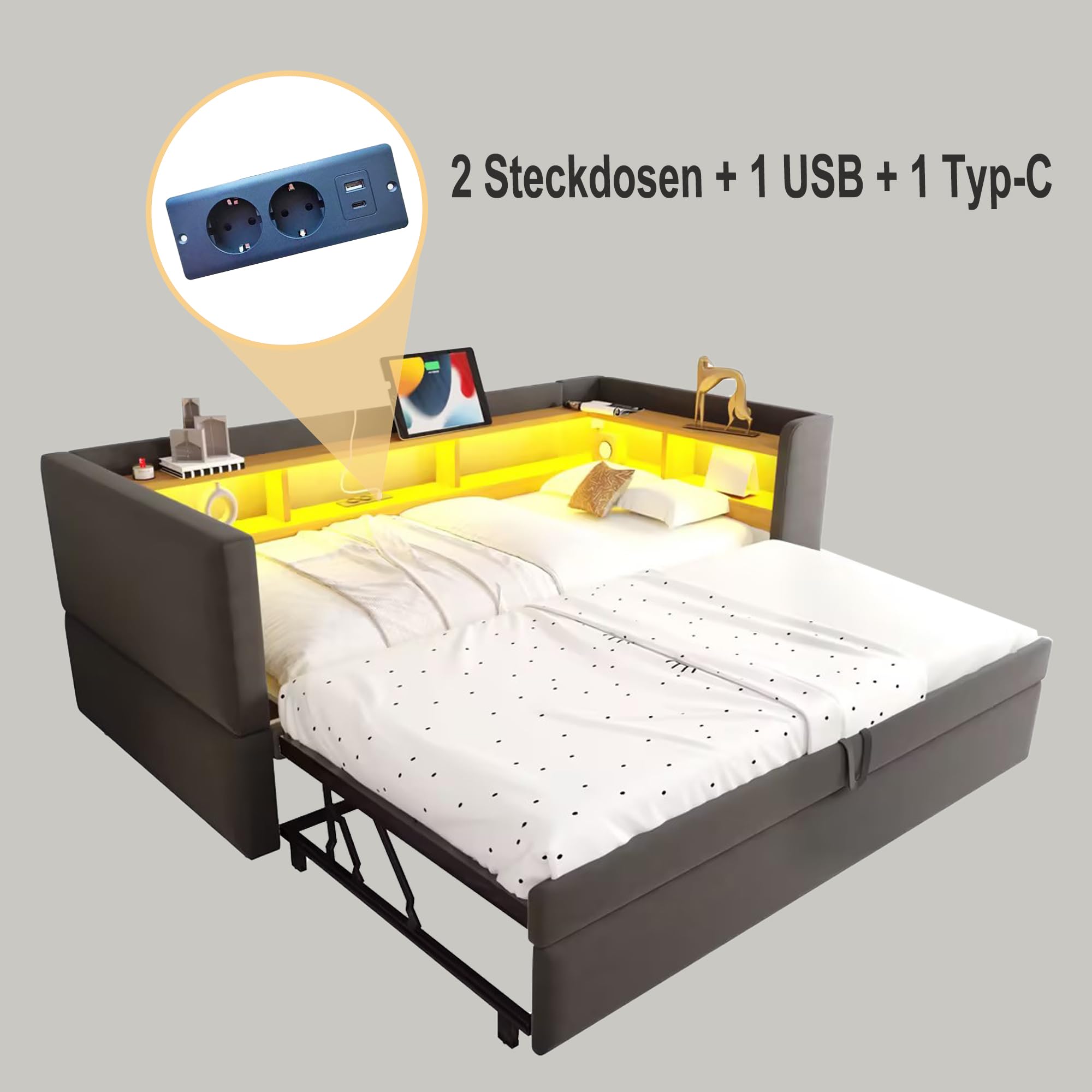 Divano Letto Estraibile 90/180 * 190cm, Letto Imbottito con Luci a LED e Prese USB, Numerosi Vani Portaoggetti Laterali, Multifunzione Lettos Singol, Grigio Scuro