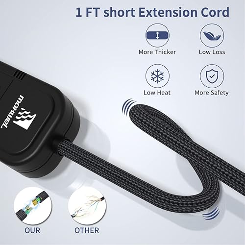 Miniatura 2 de Paquete de 2 regletas de alimentación pequeñas de color negro, cable de extensión de alimentación resistente de 1 pie, regleta de alimentación