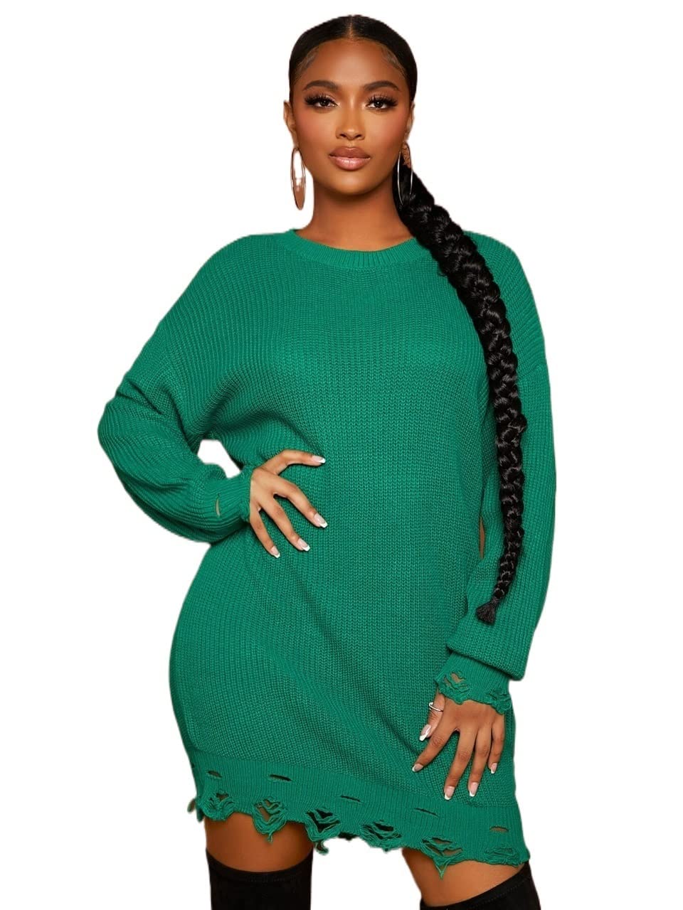 Amazon.com: LIGPUS Dresses for Women Drop Shoulder Distressed Sweater Dress  Without Belt Womens Dresses (Color : Green, Size : Small) : Clothing, Shoes  u0026 Jewelry