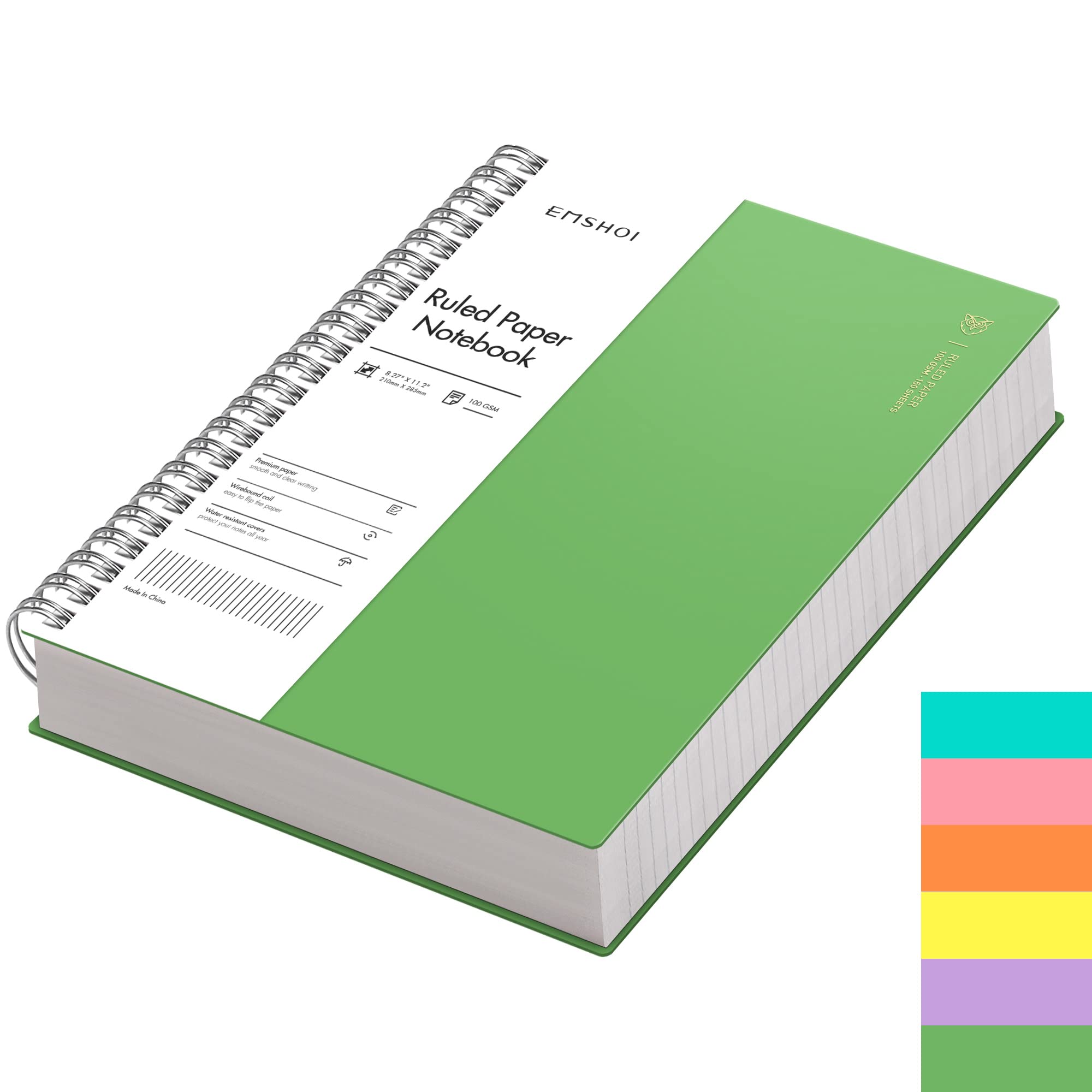 EMSHOI A4 Spiral Notebook Lined Journal, 300 Pages, College Ruled, 100gsm Thick Paper, Waterproof Softcover, Twin-Wire Binding, with Sticky Notes, Green (11.2" x 8.27")