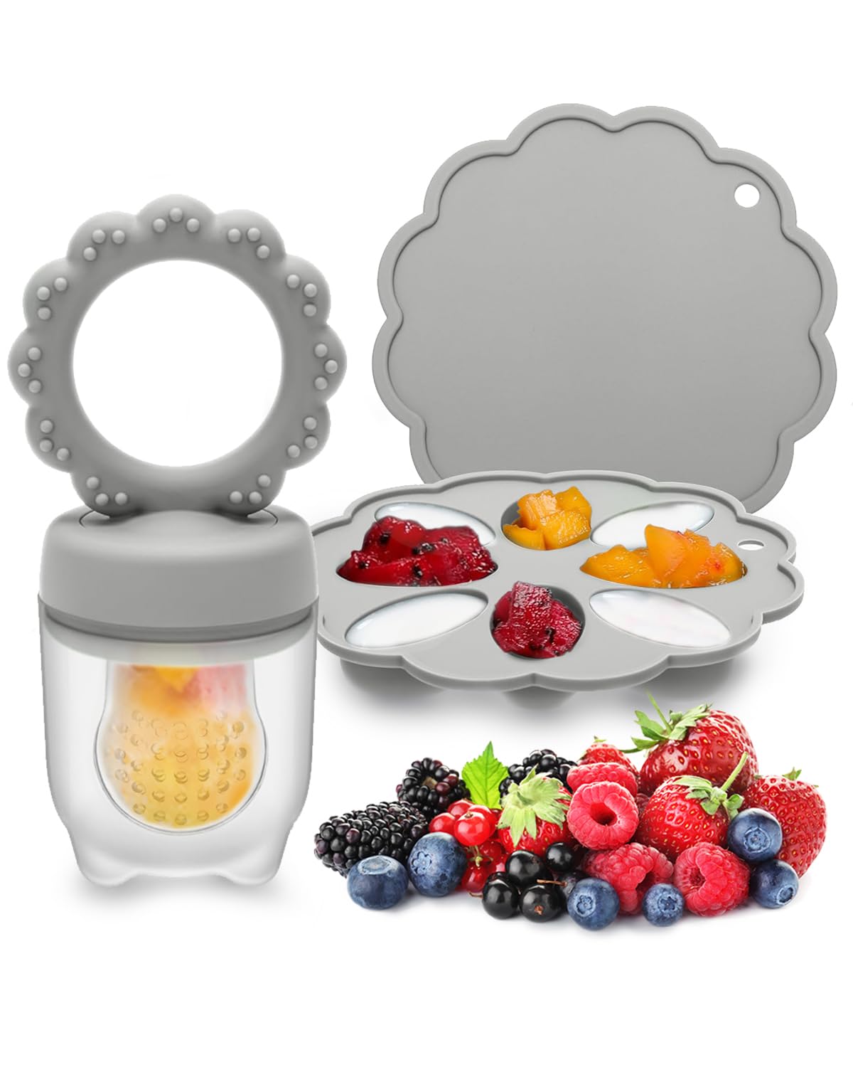 Baby Fruit Food Feeder & Mini Popsicle Ice Tray Set, BPA Free Silicone Baby Feeder for Safe Solid Food Feeding, Breastmilk Popsicle Molds for Cooling Relief, 4 Month+ (Grey Set)