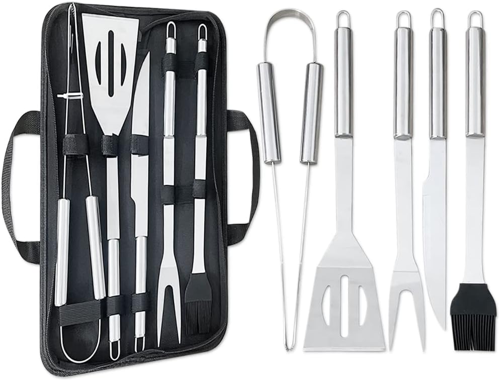 5Pcs Professional BBQ Tools Set with Storage Bag - Thickened Stainless Steel BBQ Accessories Set - Spatula, Fork, Basting Brush, Table knife, Tongs Best for Grilling