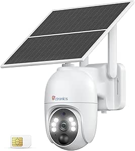 Ctronics 2K 4G LTE Solar Outdoor Surveillance Camera, PTZ IP Camera Surveillance Sim Wireless, 10400mAh Battery, PC/Cloud/FTP, Color Night Vision, PIR Motion Detection (White) asin的图片