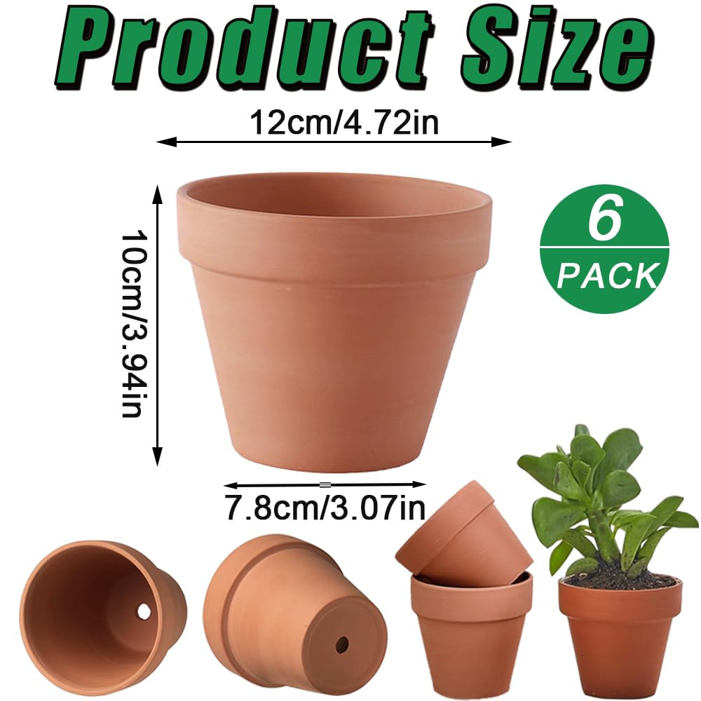 Vaso in terracotta Ø 12 cm, set da 6 vasi in terracotta, vasi in argilla con foro di scarico, piccoli vasi in terracotta per lavori fai da te, vaso in terracotta riutilizzabile, per interni