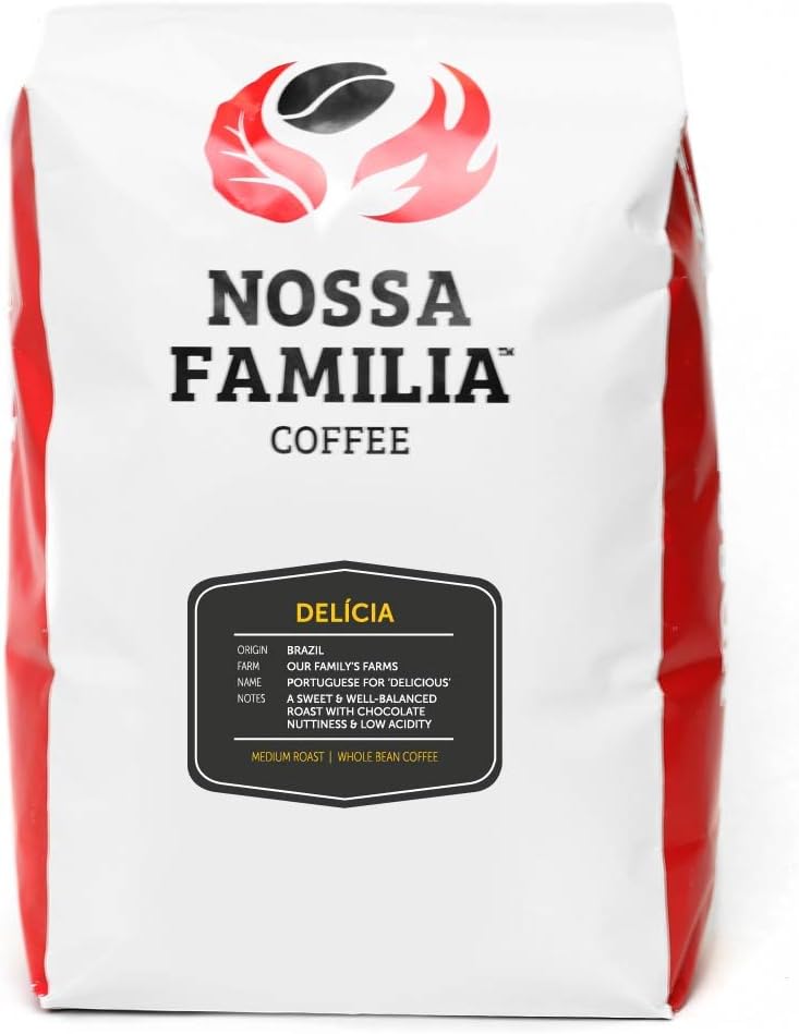 Nossa Familia Italian Coffee - Medium-Dark Roast Low Acid - Fair Trade Whole Coffee Bean- Smooth Balanced and Low Bitterness - Roasted Whole Coffee- Sourced from Small Peruvian Farms - Delicia 2lb