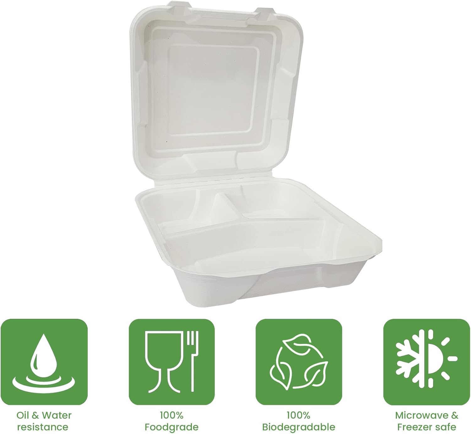 100 Pack Clamshell Take Out Food Containers, 100% Compostable, Biodegradable Disposable To Go Containers, 9X9 inch 3-Compartment Heavy-Duty To Go Boxes