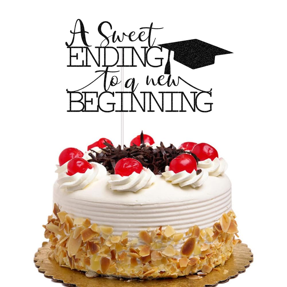 A Sweet Ending to A new Beginning Cake Topper, Class of 2024 Graduation Party Decorations for High School College University Grad, Black Glitter
