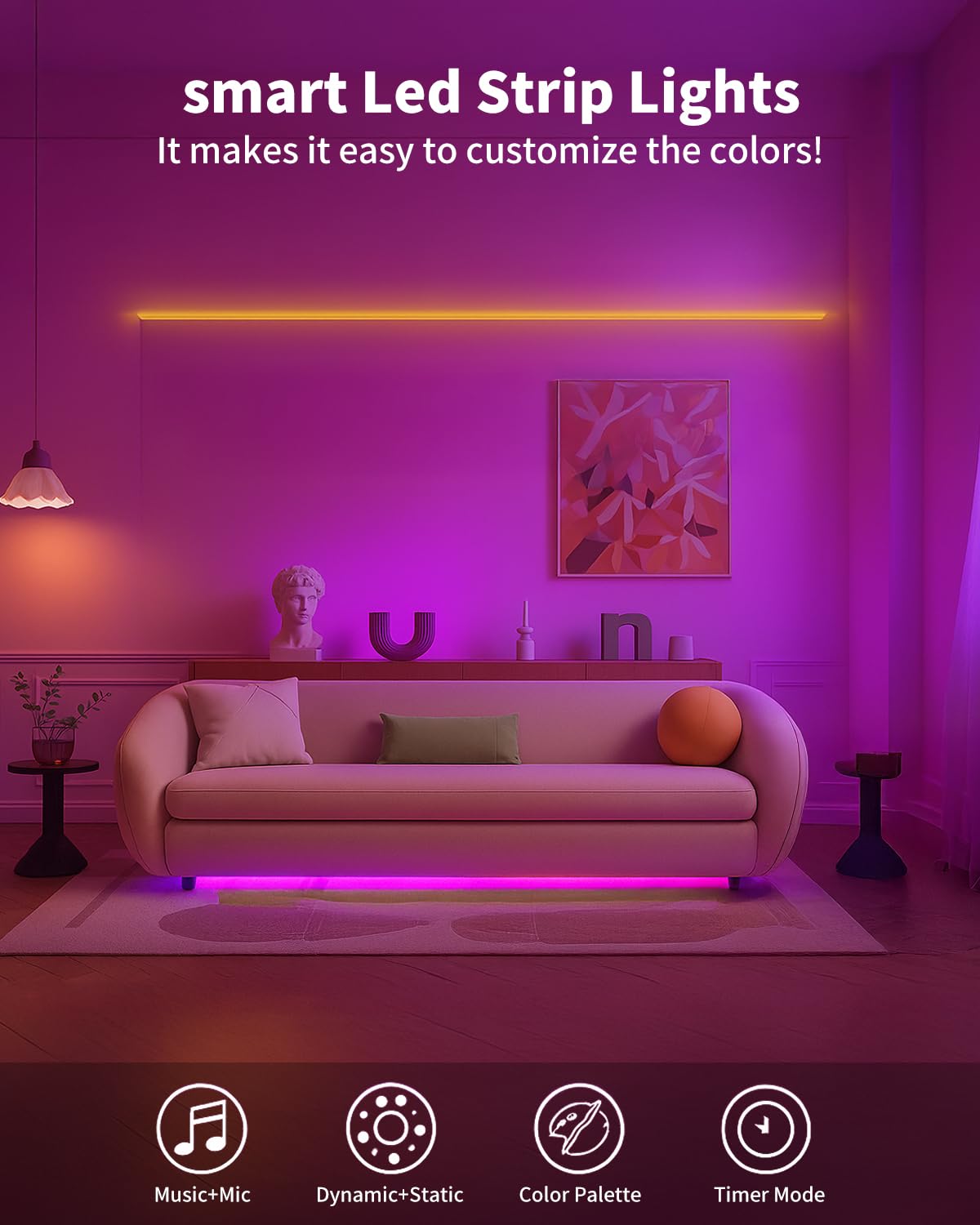 Tira de luces LED inteligentes de 200 pies (2 rollos de 100 pies) para recámara, control de aplicación, iluminación, recámara, decoración de roma, con control remoto, sincronización de música RGB que