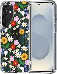 MOSNOVO Case for Samsung Galaxy S25 / Galaxy S24, [Buffertech 6.6ft Military-Grade Drop Protection] [Anti Peel Off Tech] Clear TPU Bumper Phone Case Cover Design - Black Cat in Garden
