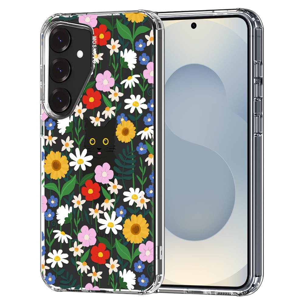 MOSNOVO Case for Samsung Galaxy S25 / Galaxy S24, [Buffertech 6.6ft Military-Grade Drop Protection] [Anti Peel Off Tech] Clear TPU Bumper Phone Case Cover Design - Black Cat in Garden - 1