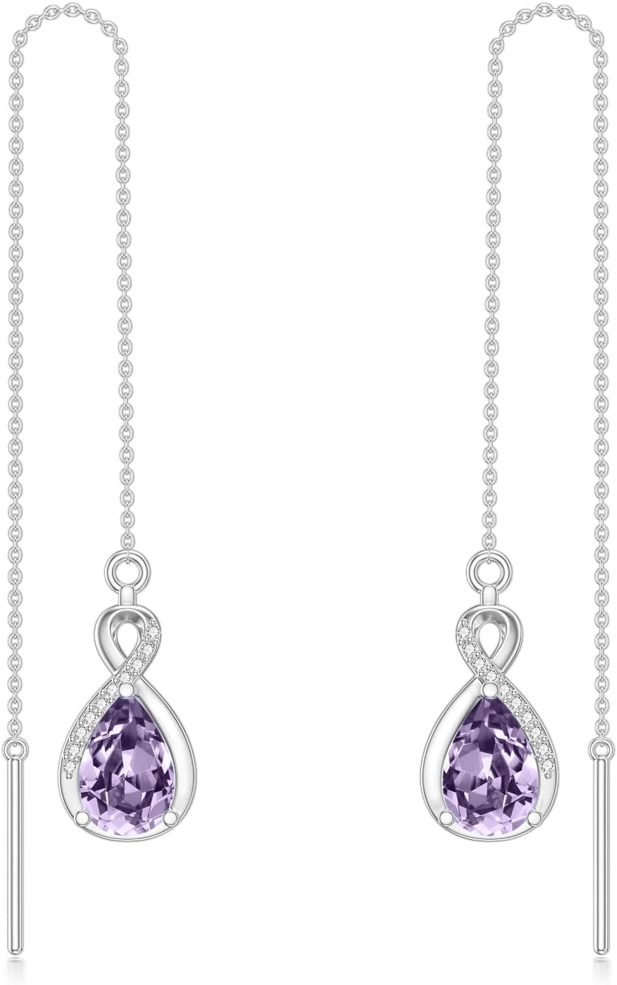 Infinity Gemstone Threader Earrings Long Chain Drop Earrings 925 Sterling Silver 12 Birthstone Birthday Jewelry Gifts for Women (Gift Box)