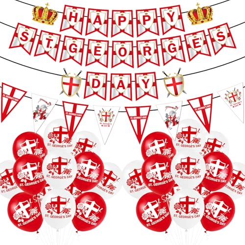 Luvart Happy St. Georges Day Decorations - St George Day Red White Flag Knight 4 Pcs Buttings 18 Pcs Balloons Party Decorations English Heritage National Pride Patriotism Decor