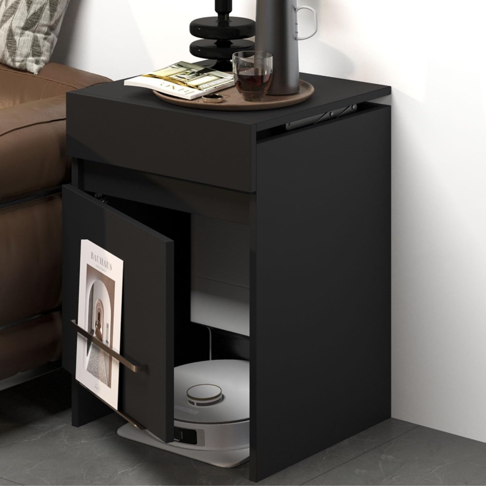 Meuble de rangement pour aspirateur robot de salon avec portes noir