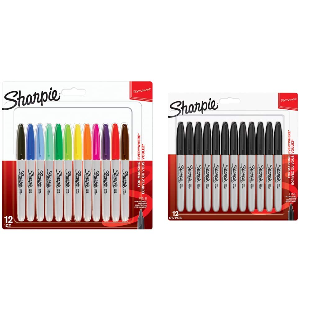 SharpiePermanent Markers | Fine Point | Assorted Colours | 12 Count & Permanent Markers | Fine Point | Black | 12 Count