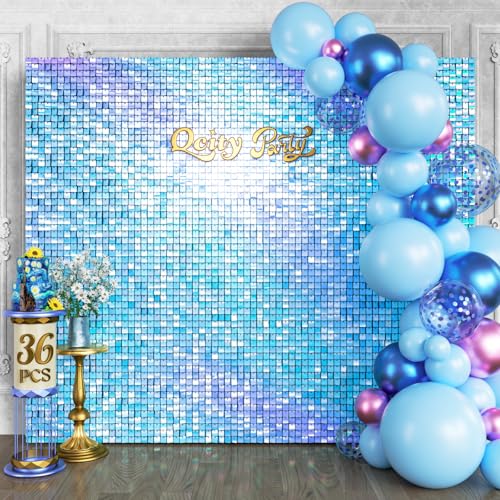 Qcity Rainbow Blue Shimmer Wall Backdrop 36PCS, Black Back Not