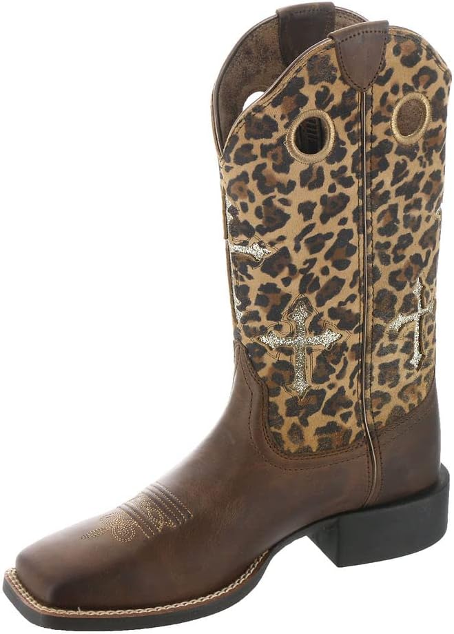 Ariat Womens Round Up Crossroads Western Boot Distressed Tan/Sparkle Leopard 6.5