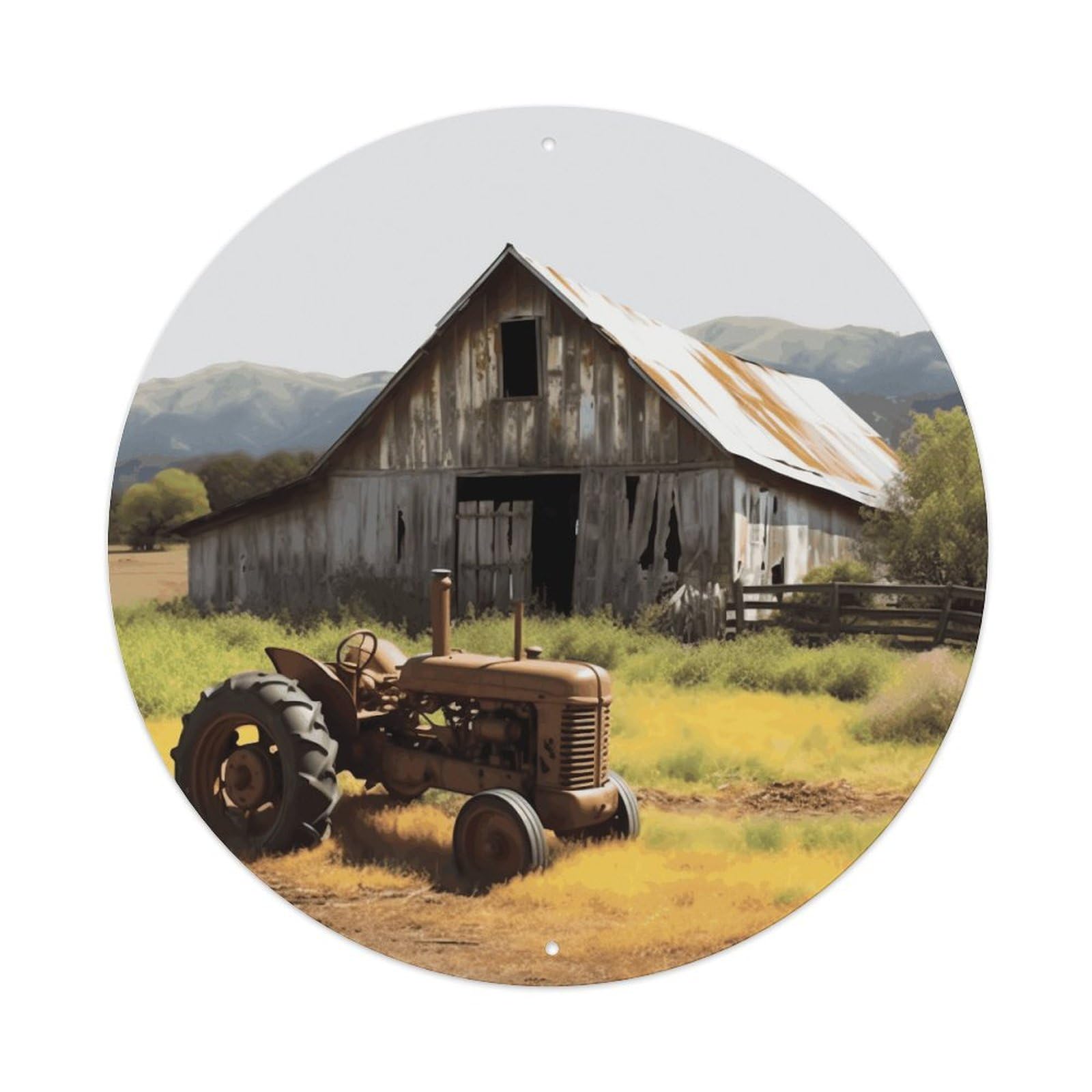 LZQPOEAS Old Wooden Barn with Rusted Tractor Round Aluminum Wall Art Sign, Metal Indoor Wall Decor with Holes, Durable Circular Aluminum Plaque for Home, Bar, Cafe, Living Room, And Office Decoration