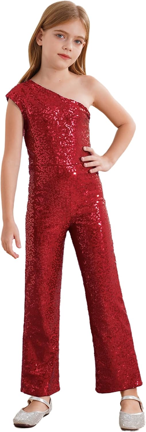 FEESHOW Kids Girls Sequin Sleeveless Jumpsuit One Shoulder Formal Party Romper Wild Leg Pants Disco Dance Prom Leotard