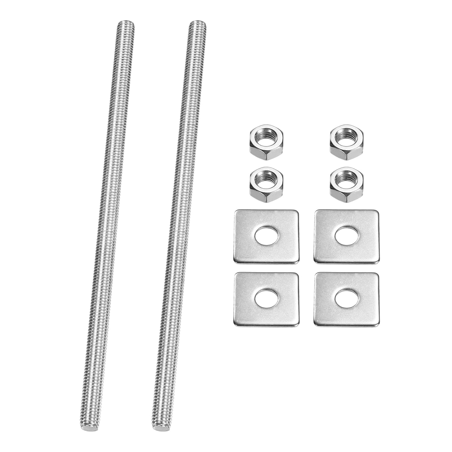 PATIKIL 2 Pcs Fully Threaded Rod, M8 x 180mm 304 Stainless Steel Right Hand Long Thread Bar Studs with Nuts Square Washers for Pipes Clamps Hangers U-Bolts