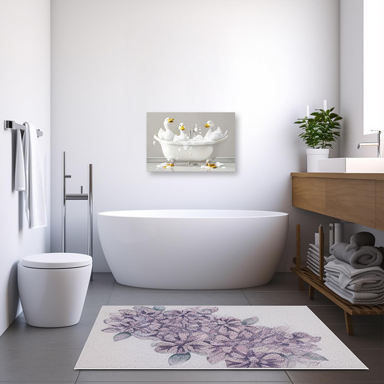 PBXBJY Bathroom Animal Wall Art Funny Animal Canvas Prints White Duck in the Bathtub Pictures Whimsical Painting Poster Restroom Toilet Decor Frame (12.00" x 18.00")