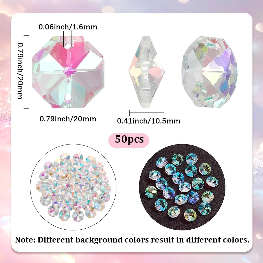 1 Box 50Pcs 20mm Crystal Glass Octagon Beads 2 Hole Crystal Prism Bead Bulk Colorful Chandelier Connector Suncatcher Faceted Spacer Bead for DIY Lamp Hanging Ornament Pendant Jewelry Making