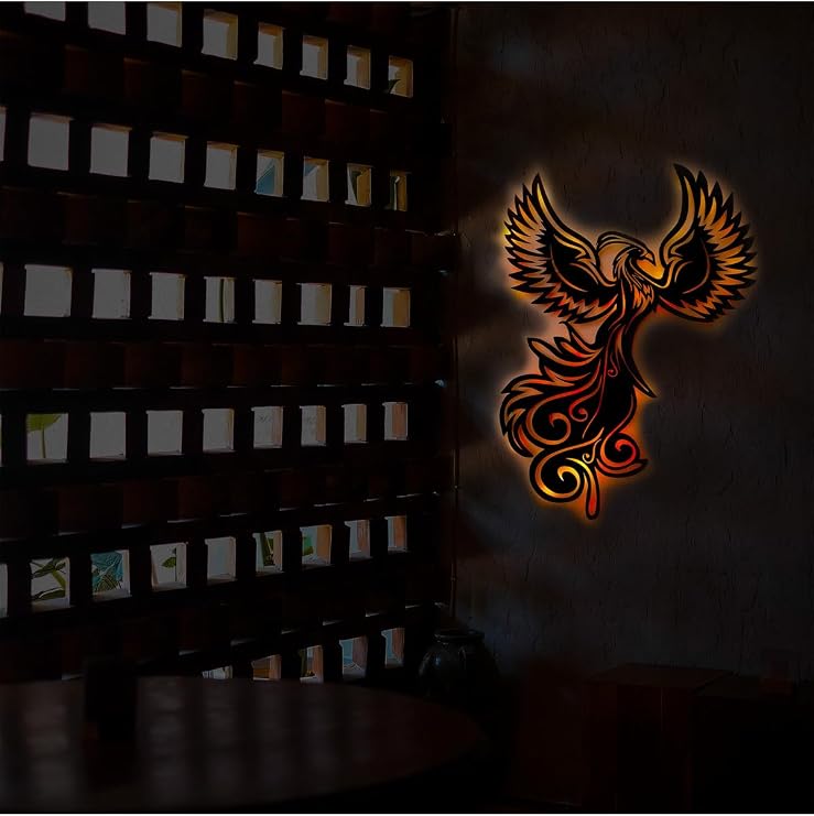 Led Işıklı Anka Kuşu Dekoratif Tablo Duvar Dekorlu Gece Lambası Siyah 60 cm