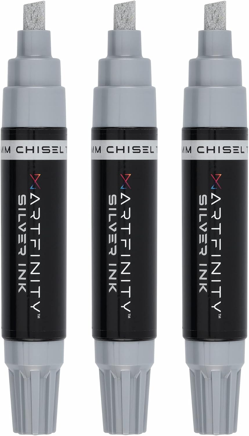 Artfinity Rich Metallic Markers - Professional Metallic Markers for Artists, Drawing, Calligraphy, & More! - [Silver - 8.5mm Chisel Nib - 3 Pack]