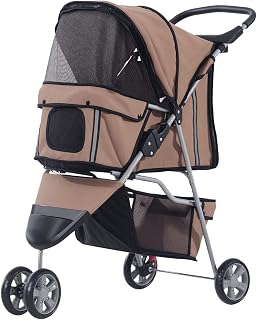 PawHut Cochecito Plegable Mascotas 75x45x97cm Perros Gatos Carrito Ruedas giran 360º Cafe