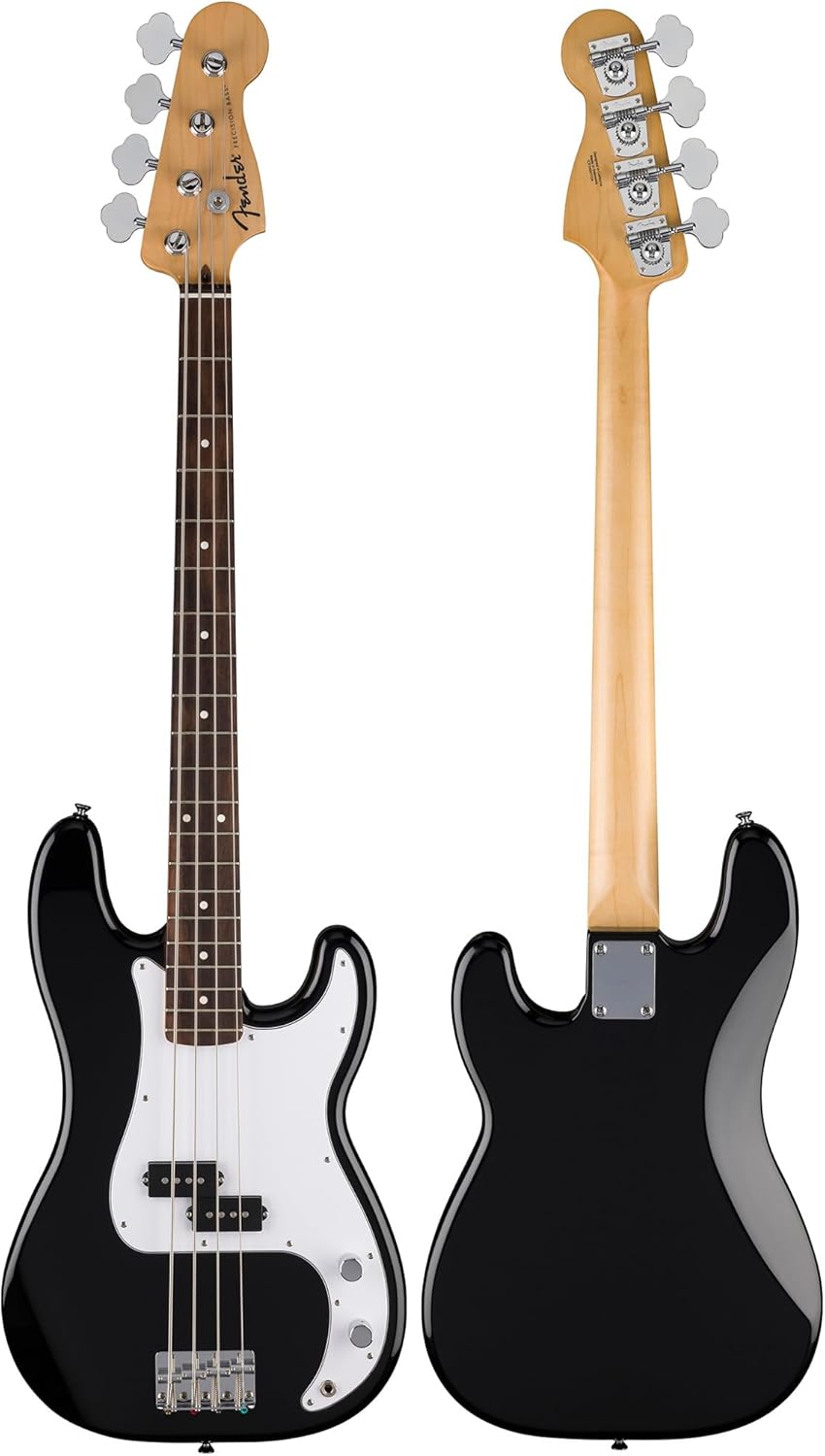Fender Standard Precision Bass - Black Bundle with Strap, Guitar Cleaning Kit, and Austin Bazaar Instructional Video