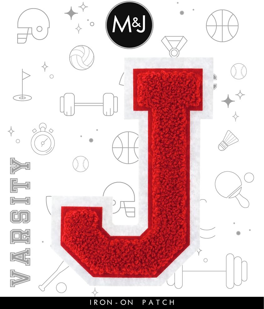 J - Red on White - 4 1/2 Inch Heat Seal/Sew On Chenille Varsity Letter
