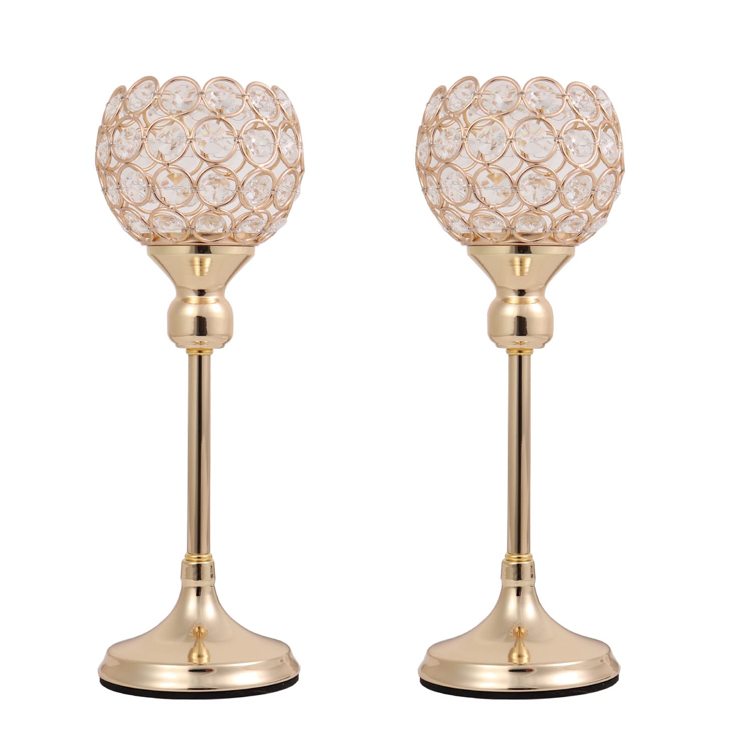 Vsen Gold Crystal Tealight Candle Holders, Set of 2,Coffee Dining Table Centerpieces Metal Candlesticks Stand Wedding Christmas Halloween Decoration