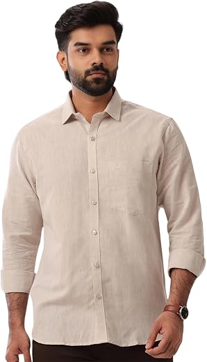 UATHAYAM Linen Classic Solid Slim Fit Full Sleeve Formal Shirt for Men | Premium 100% Linen Fabric | Lightweight, Breathab...