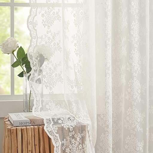 YJ YANJUN Vintage Lace Curtains 45 Inch Length- Victorian Country Floral Short Voile Sheer Kitchen Cafe Curtains Old House Privacy Bathroom Window Drapes 52W x 45L inch Ivory