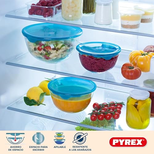 Pyrex® - Prep & Store - Set di 3 ciotole in vetro resistenti con coperchio (0,5L - 1L - 2L) - Senza BPA - 3