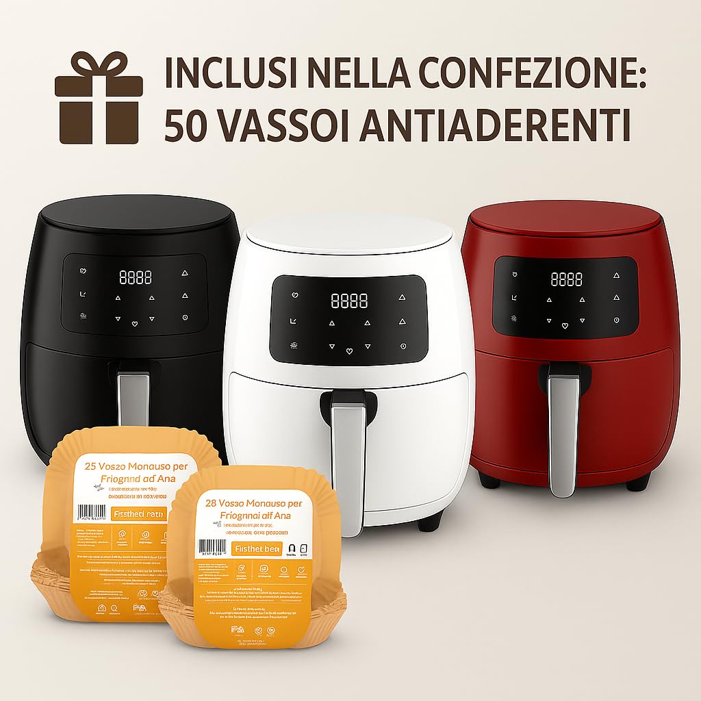 Friggitrice ad Aria 4.8L SMART·J Nera, 1400W, Display Touch, 6 Programmi, Spegnimento Automatico – Include 50 Vassoi Carta Forno Compatibili
