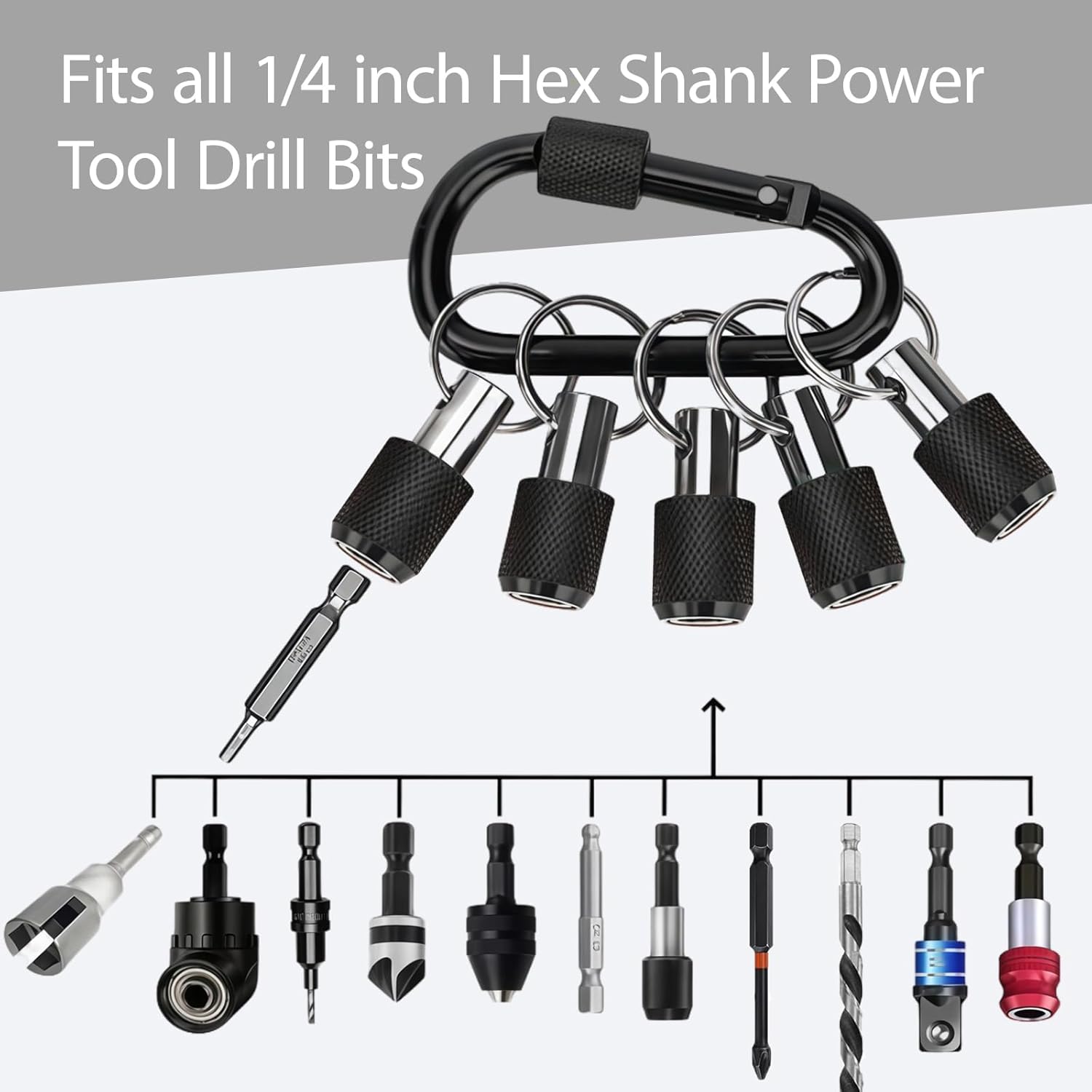 12 Pcs Set Bit Holder Keychain, 1/4" Hex Shank Quick-Release Extension Bar With Carabiner, Bit Holder Key Chain Lightweight Aluminum Alloy for Impact Drill, Keychain Bit Holder Tool Gifts (Black)