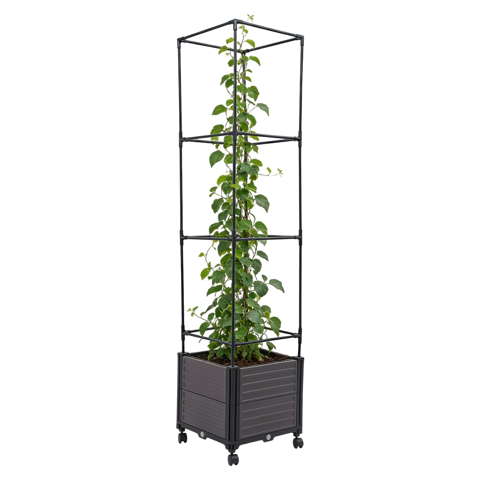 Macetero con soporte para enredaderas, maceta con enrejado 2 en 1, jardinera con ruedas y almacenamiento de riego, jardinera para plantas trepadoras, verduras, flores (dos pisos, techo plano)